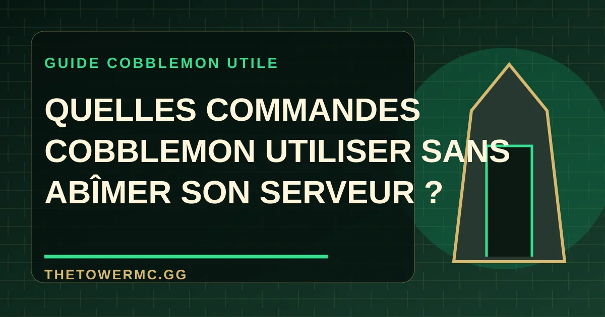 Console Minecraft ouverte devant une équipe de Pokémon, avec des commandes Cobblemon classées par niveau de risque.