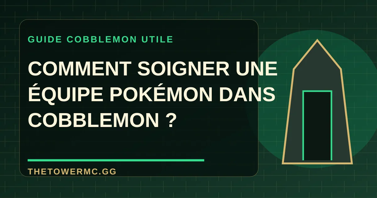 Machine de soin Cobblemon chargée dans un centre Pokémon Minecraft, auprès d’une équipe revenue d’un combat.